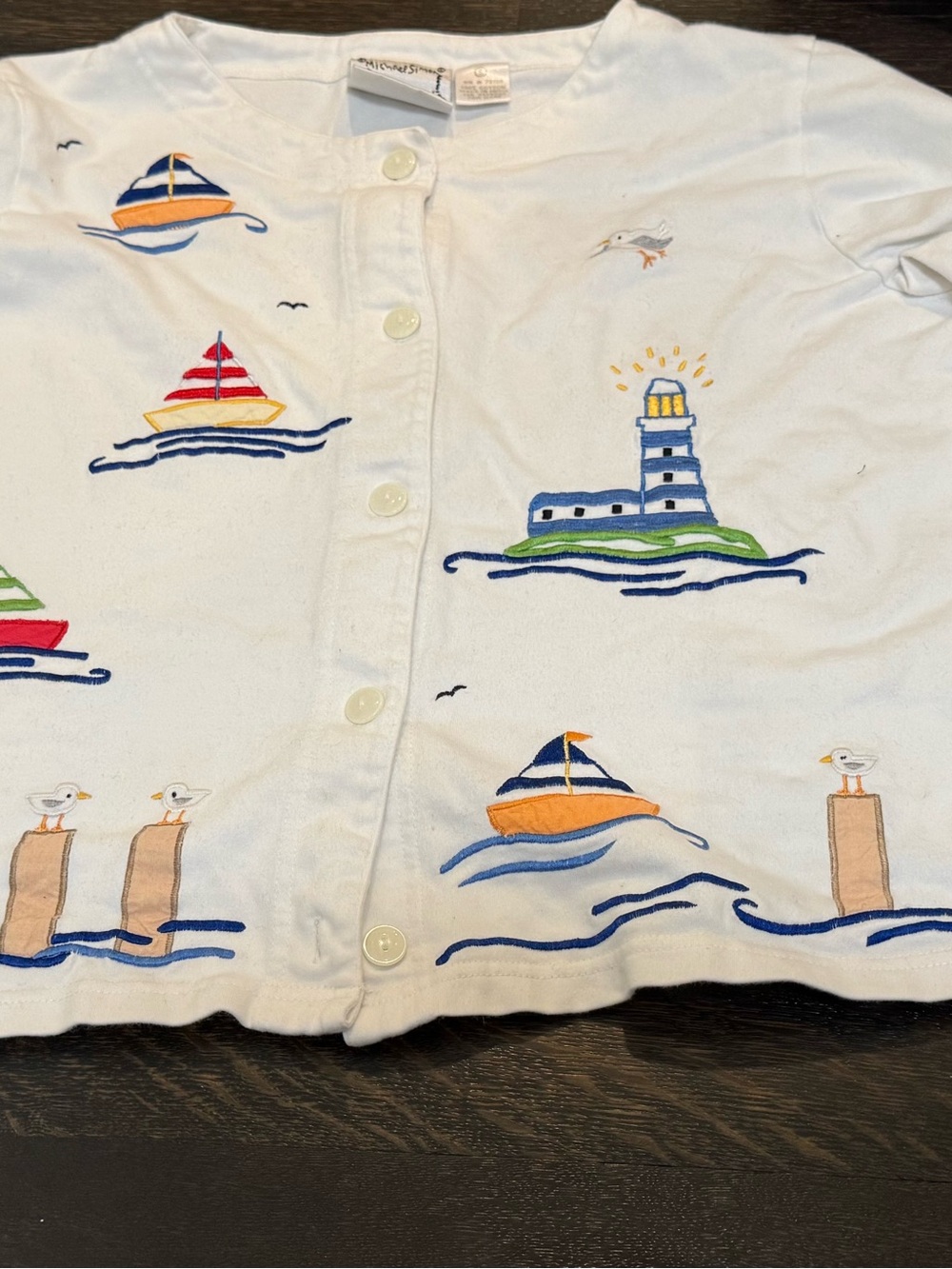 Michael Simon White Button Front Nautical Embroidered Top